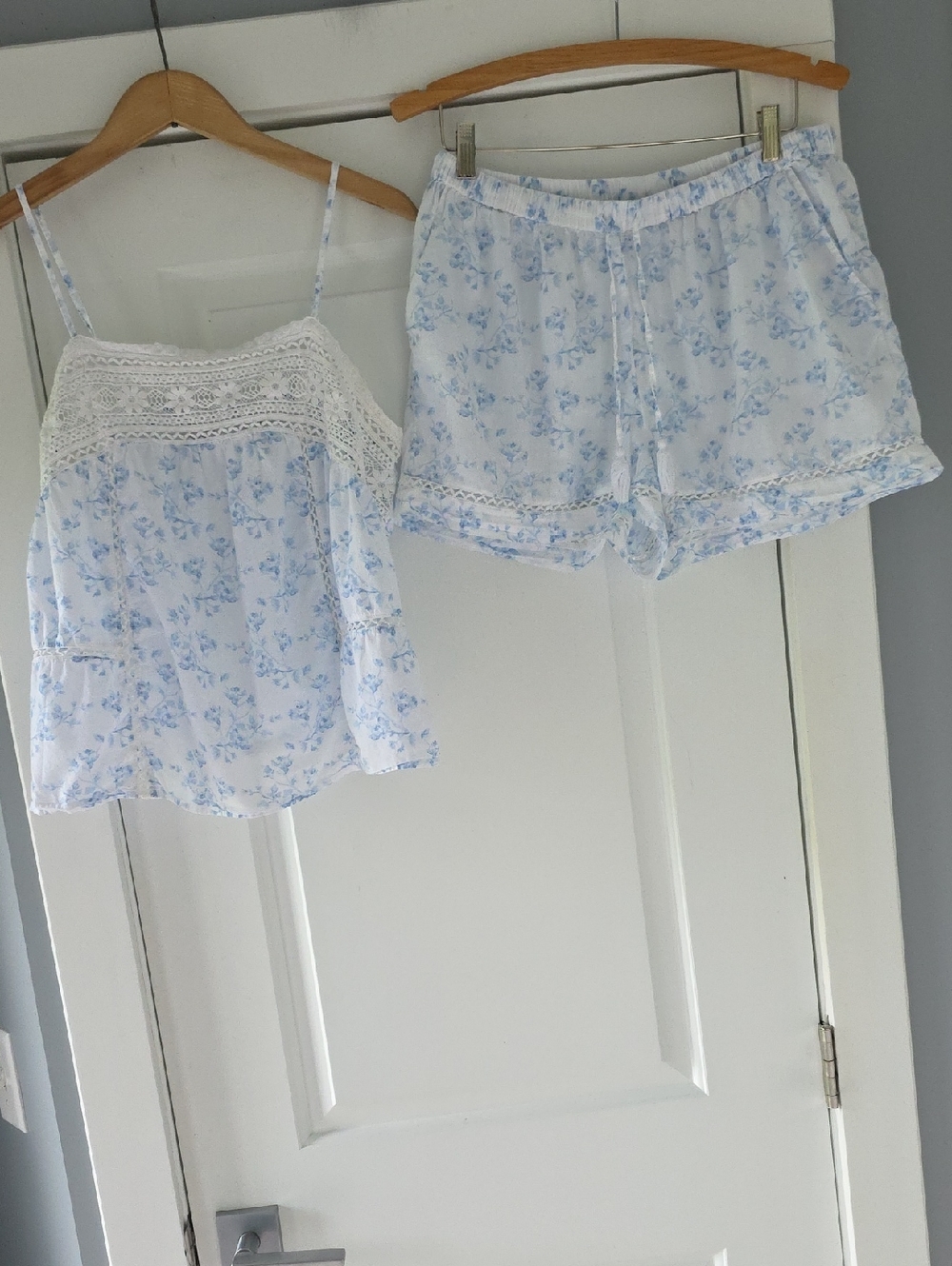 Caroline Constas Light Blue & White Floral Lace-Trim Cami and Shorts Pajama Set